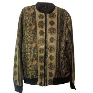 Brooklyn Crossing Bomber Jacket Sz Large Womens Gold Black Glitter Medallion New